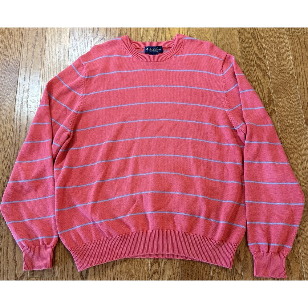 Brooks Brothers Men's Pullover Sweater Large Pink Blue Striped Crewneck Pima